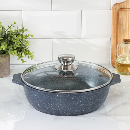 Granite fried, 3 l, d = 26 cm, h = 8 cm, anti-stick coating, glass cover, dark gray color