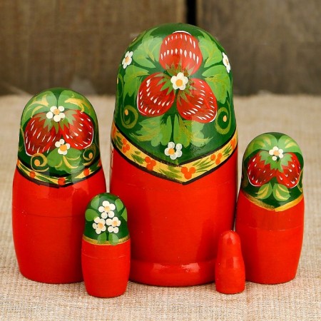Matryoshka "Strawberry in a basket", green scarf, 5 puppet, 10 cm, handmade-1