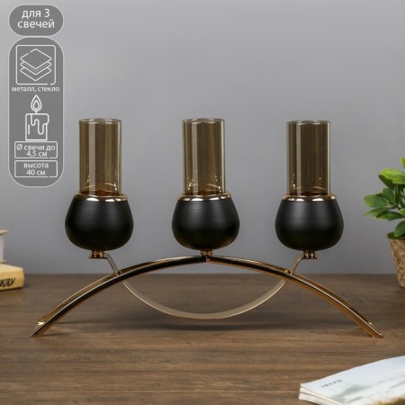 Summary metal, glass for 3 candles "Dark Knight" black matte with gold 40x25x12 cm