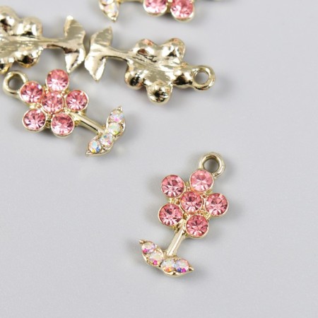 Decor for creativity metal, rhinestones "Pink flower with leaves" gold 1.1x2 cm