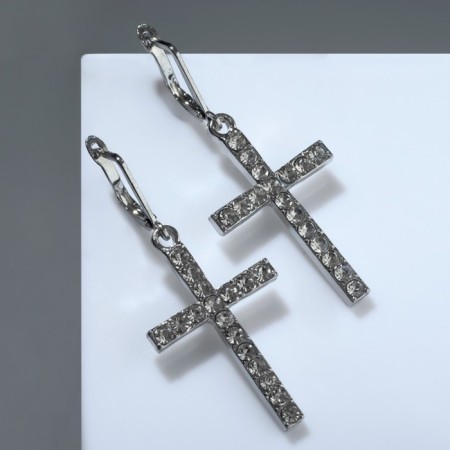 Hanging earrings with rhinestones "crosses" classic elongated, white color in silver-1