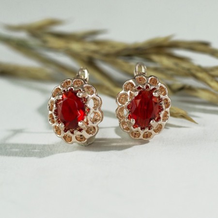 Earrings with rhinestones "Edel" oval in openwork, red color in gold-4
