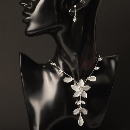 Set 2 objects: earrings, necklace "sophistication" a winter flower, white in silver, 40cm