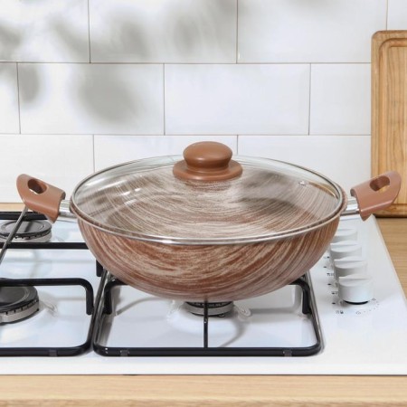 Kazan kantry, 4 l, d = 28 cm, glass cover, plastic handles, anti -stick coating, brown color-4