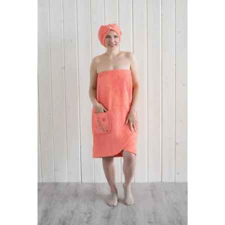 Women's set for the sauna (Pareo+Chalma) with embroidery, coral-1
