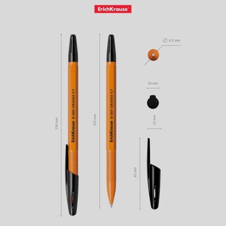 Ballic handle Erich Krause R-301 Orange Stick, node 0.7 mm, black ink, letter line 2000 meters, barcode on the handle-12