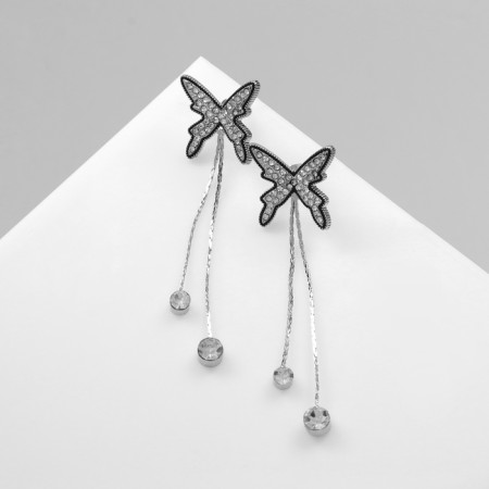 Hanging earrings with rhinestones "Butterfly" duet, black and white color in silver-1