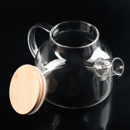 Tea kit on an eco wooden stand, 7 items: glass kettle with a sieve 900 ml, mugs 6 pcs, 100 ml-3