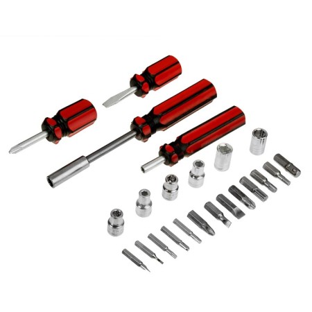 Screwdrivers with a set of bits and scrap heads, plastic handles, 23 objects