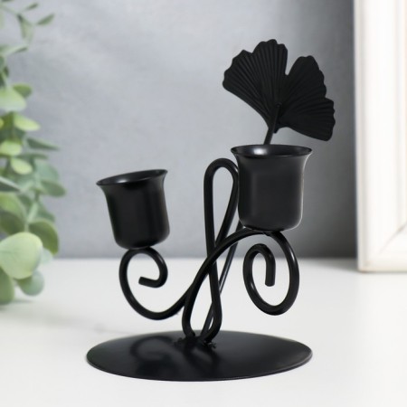Summary Metal for 2 candles "Sheet ginkgo and curl" D-2.5 cm black 11.8x9x13 cm-4