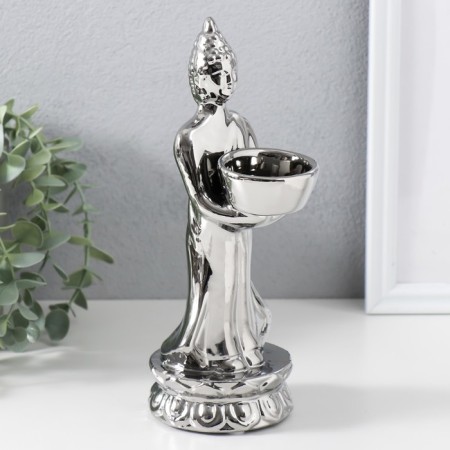 Ceramics candlestick for 1 candle "Buddha" d = 4 cm silver 8x11x22.5 cm-2