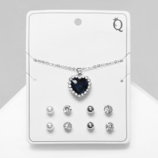 Set of 5 objects: 4 pairs fluffs, pendant “heart”, white-blue color in silver, 45 cm