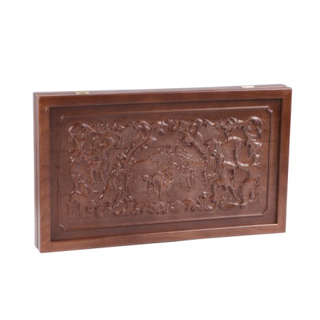 Carved backgammon "Falcon hunting", from an array of Buk, Patina, 50 x 58 cm-2