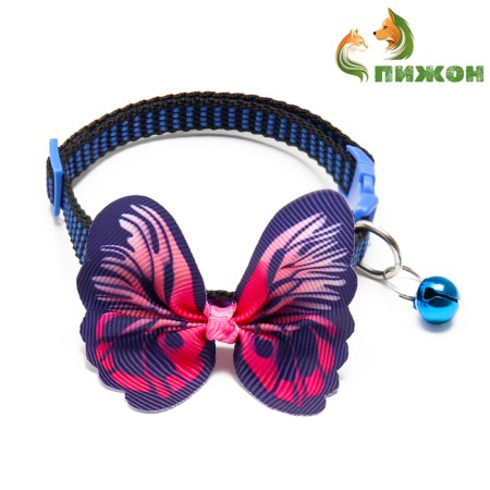 Textile collar with a butterfly and a bell, 30 x 1 cm, blue