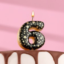 Свеча в торт "Саната", цифра "6", черная с золотыми звездами, 5,5 см