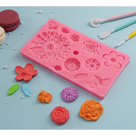 Mold "Flowers", silicone, 25 × 10 cm, pink color-1