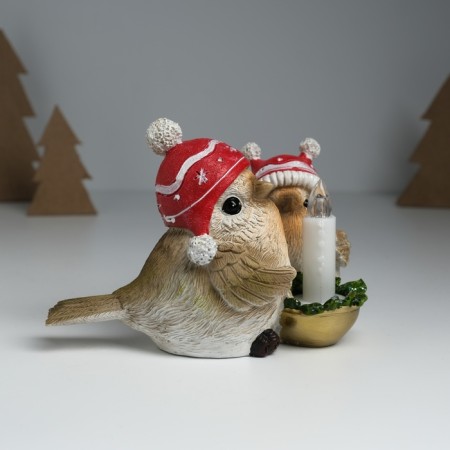 Souvenir Polystone Light "Birds in hats with snowflakes sit at the candle" 15.5x12.5x10.2 cm-2