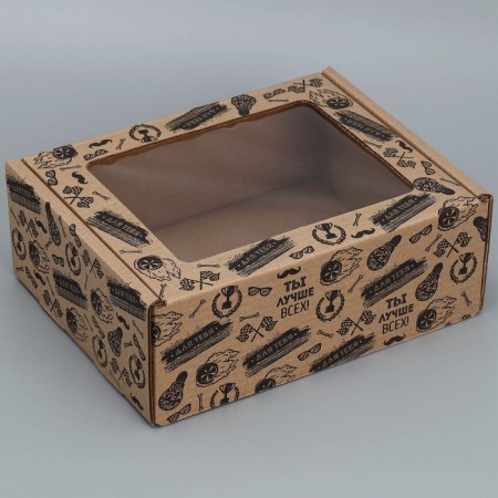 Box a gift team with a window, packaging, “best”, brown, 27x10x21 cm