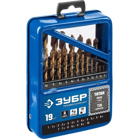 Set of drill on metal bison, P6M5, cylinder. Saar, 1-10 mm, 19 pcs, titanium. coating, case 96002-1
