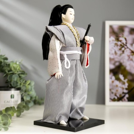 Collector doll "Samurai in a gray kimono with a sword" 30x12.5x12.5 cm-2