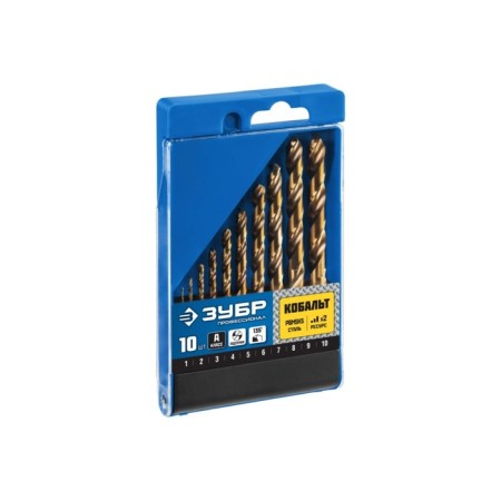 Set of drill on metal bison, p6m5k5, cylindrical shank, 1-10 mm, 10 pcs, class A, case 96003-1