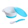 A set of children's dishes, 3 objects: a plate on a suction cup, cover, spoon, blue color