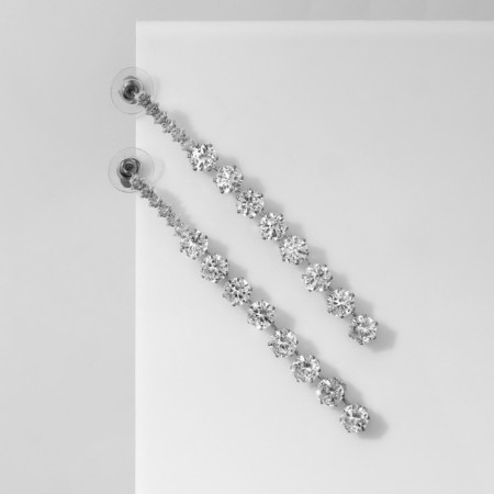 Hanging earrings with rhinestones “path” of circles, white color in silver, 7.5 cm-3