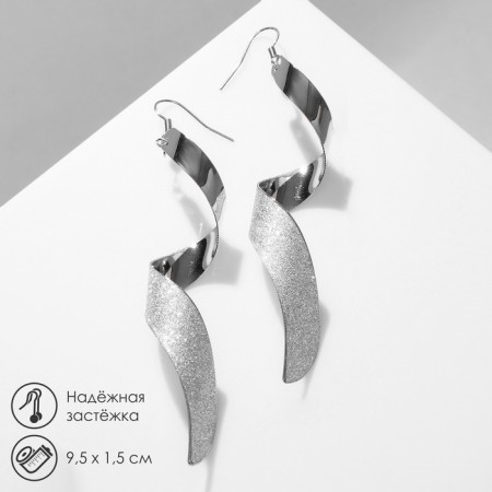 Earrings with rhinestones "Wave" spiral, white color in silver
