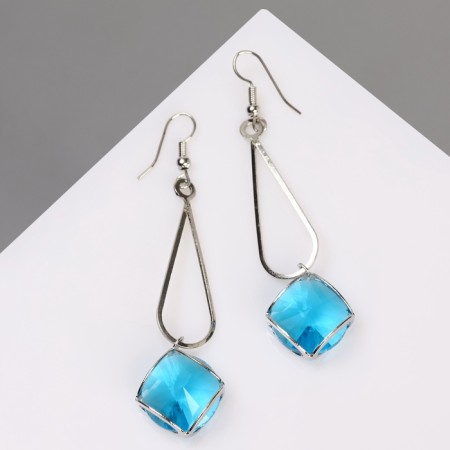 Hanging earrings with rhinestones "drop with a rhombus", blue color in silver, 7.2 cm-2