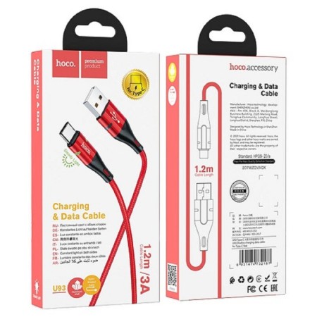 Hoco U93 cable, USB - Type -C, 3 A, 1.2 m, indicator, red-2