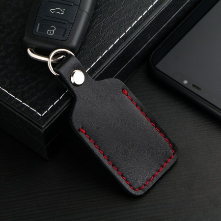 Leather keychain for a car key, label, rectangular, genuine leather, black-1