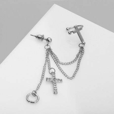 Earring "Kaff" Two Crosses with a circle, white color in silver-1