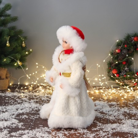 Snow Maiden "chic" in a white-red fur coat and mittens, moves, 40 cm-3