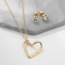 Set 2 objects: earrings, pendant “heart” curved, white color in gold, 40 cm