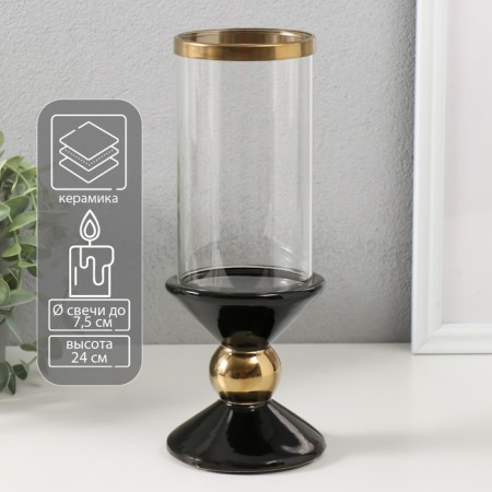 Ceramics candlestick, glass for 1 candle "parallels" d = 7.5 cm black with gold 9.5x9.5x24 cm