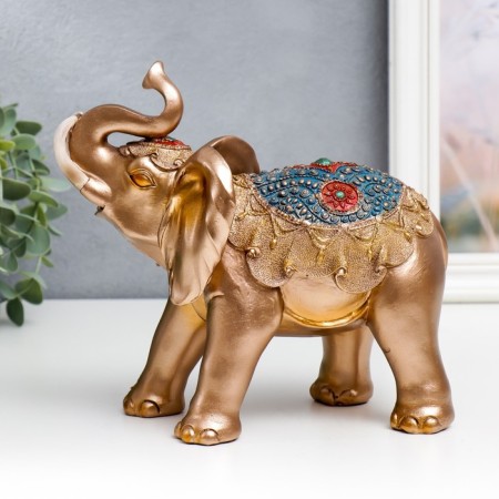 Souvenir Polystone "Golden Elephant in Blue Popone with Tasses" MIX 20x10.5x22 cm-4