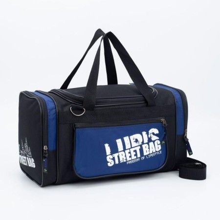 Road bag with lightning, 3 outer pockets, long belt, black/blue color