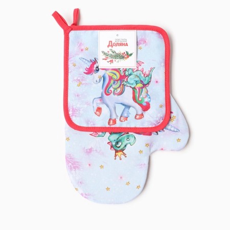 Set of kitchen. "Dragon and unicorn": mittens 20x28 cm, severity 17x17 cm, 35% HL, 65% PE, VATI-5