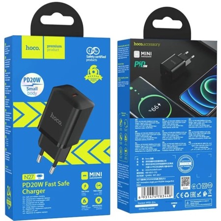 Network charger Hoco N27, 1 Type-C, 20 W, PD + Qc, Black-3