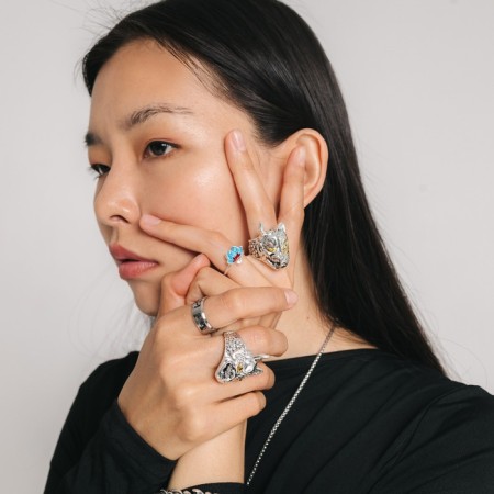 Ring "Japan" a water lily, the color of burgundy blue in silver, dimensionless-2