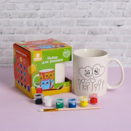 Set of mug for painting "hearts" paint 6 cv 2 ml, brush