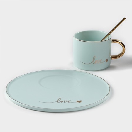 Coffee steam ceramic “love”, 3 objects: mug 200 ml, saucer d = 20 cm, spoon h = 14 cm, blue color-1