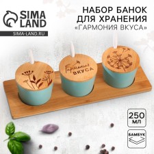 A set of ceramic cans for storage on a wooden stand “Harmony of taste”, 250 ml, 3 pcs, Biryuzovoy color