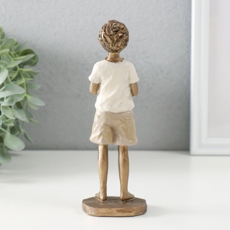 Souvenir Polystone "Boy with a cat" bronze, white and sand 5.5x5x16.5 cm-1