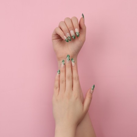 Pattern overhead nails, 24 pcs, with adhesive plates, almond shape, milk/green color-11