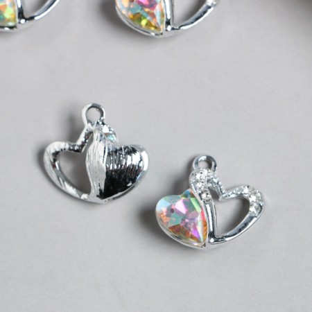 Decor for creativity metal, rhinestones "double heart" silver 1.7x1.8 cm