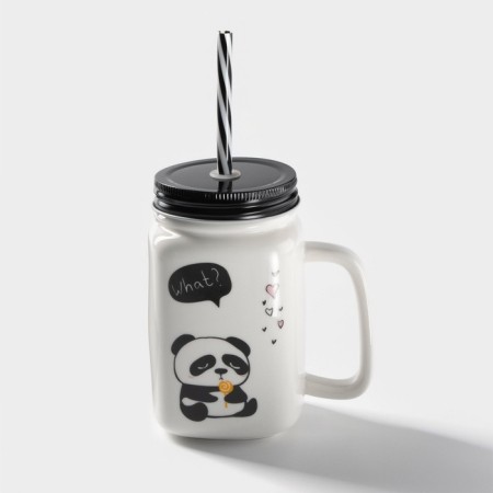 Ceramic mug with a metal lid and panda tube, 420 ml, MIX drawing-4