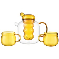 Glass kettle with two cups, yellow color, 1.2 l