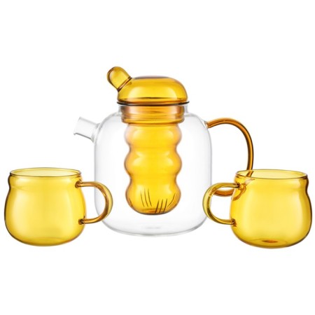 Glass kettle with two cups, yellow color, 1.2 l