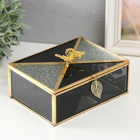 Casket Glass with a metal frame "Butterfly and leaf" Black haze 18.7x14.6x9 cm